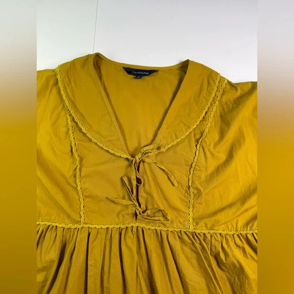 Calligraphie Boho Mustard Lace Trim Tie Front Blouse Size L - Picture 11 of 14
